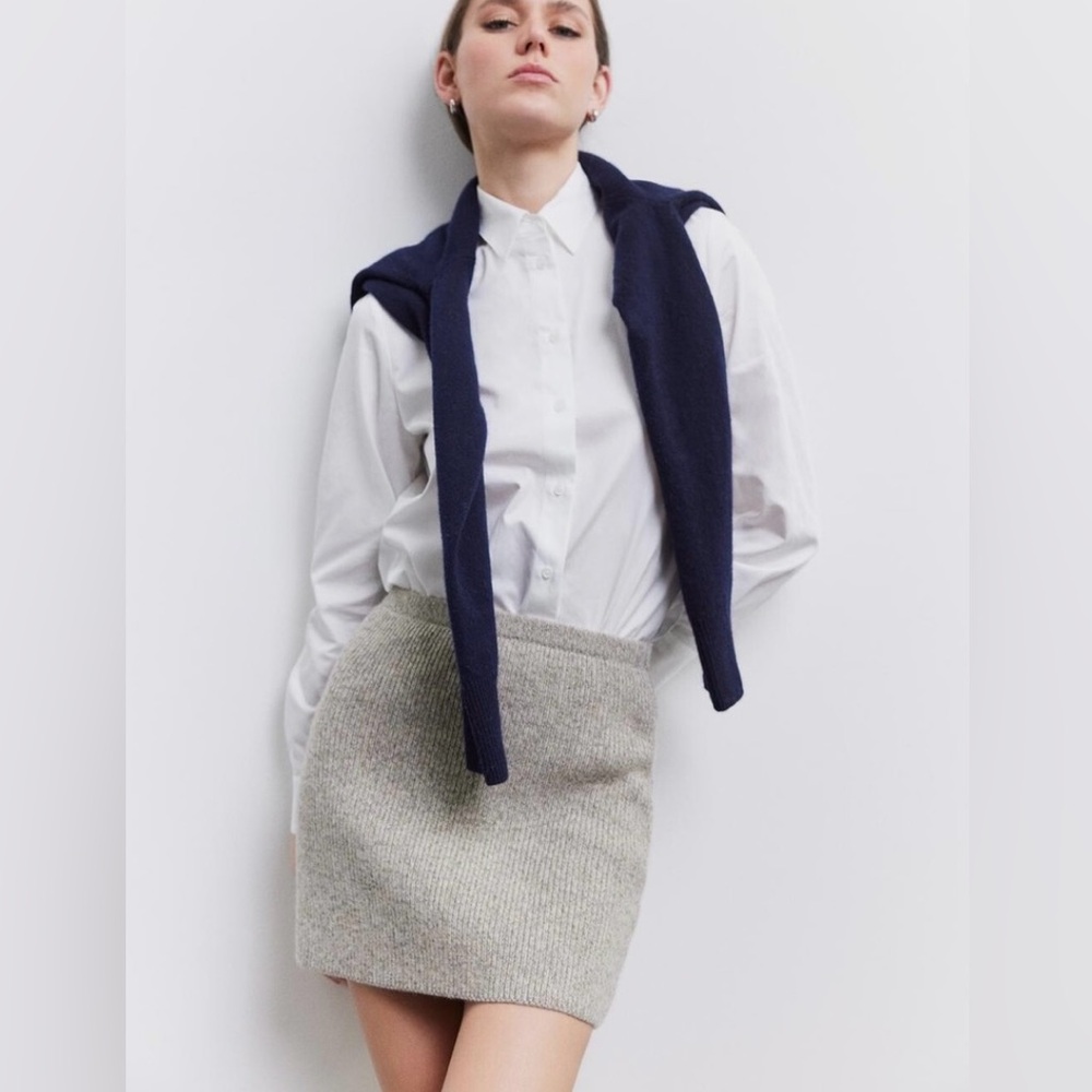 ZARA Knit Mini Skirt Wool Blend Chic Gray Cream Beige Preppy, Small